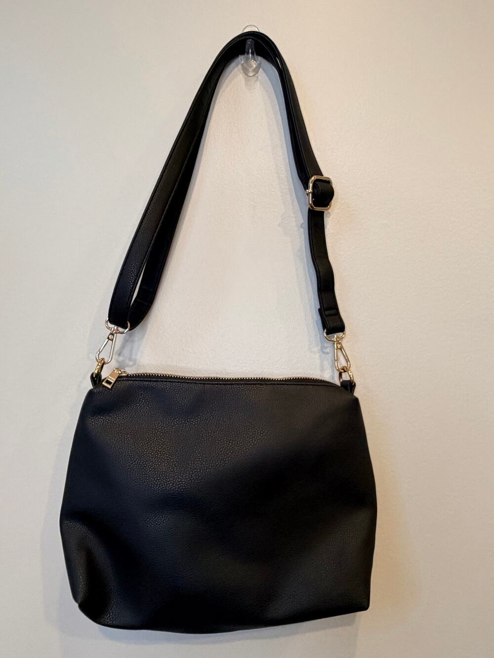 BCBG Paris Black Pebbled Faux Leather Crossbody Bag Gold Hardware Slouchy